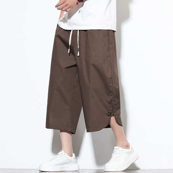 Buddha Stones Pantaloni harem da uomo estivi casual in cotone tinta unita con coulisse e spacchi laterali, con tasche. - image 35
