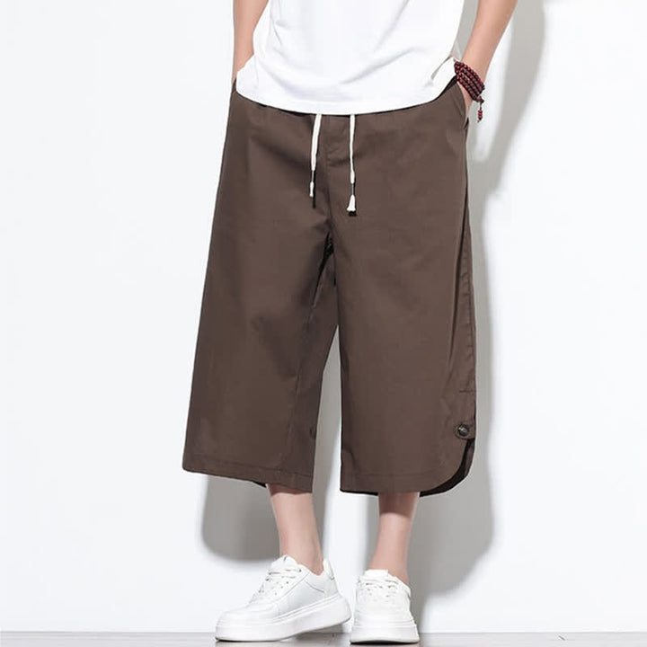 Buddha Stones Pantaloni harem da uomo estivi casual in cotone tinta unita con coulisse e spacchi laterali, con tasche. - image 36