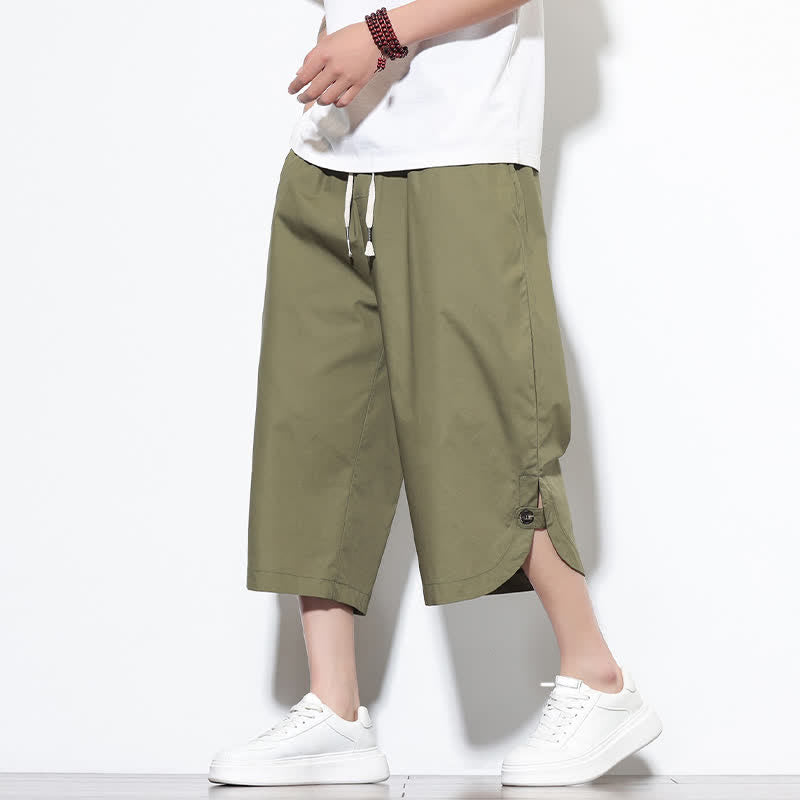 Buddha Stones Pantaloni harem da uomo estivi casual in cotone tinta unita con coulisse e spacchi laterali, con tasche. - Verde oliva - US/UK/AU46, EU56 (5XL) - image 0