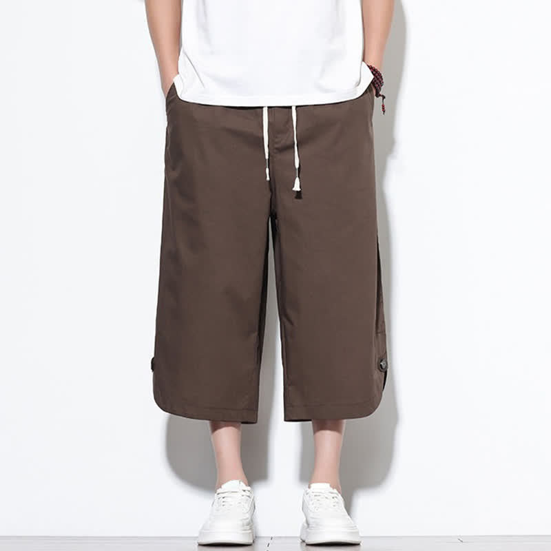 Buddha Stones Pantaloni harem da uomo estivi casual in cotone tinta unita con coulisse e spacchi laterali, con tasche. - image 32