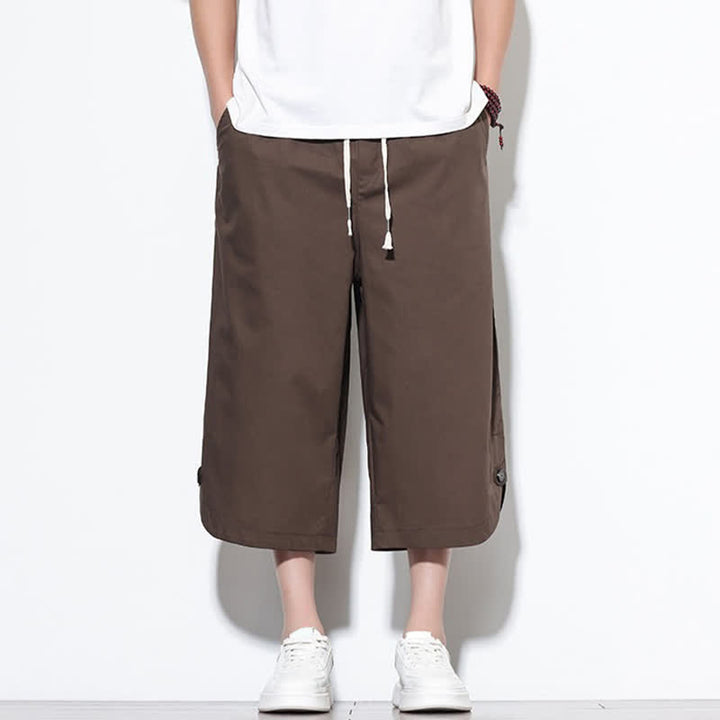 Buddha Stones Pantaloni harem da uomo estivi casual in cotone tinta unita con coulisse e spacchi laterali, con tasche. - image 32