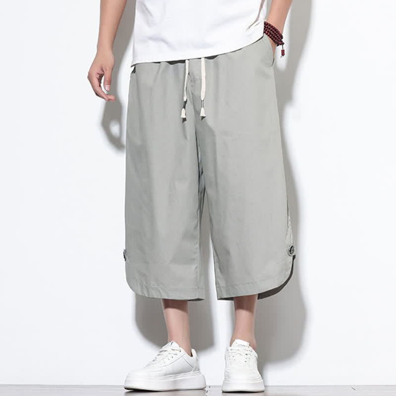 Buddha Stones Pantaloni harem da uomo estivi casual in cotone tinta unita con coulisse e spacchi laterali, con tasche. - image 22