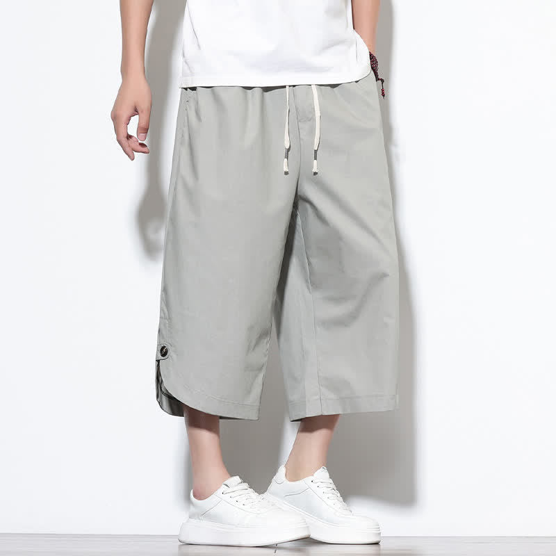 Buddha Stones Pantaloni harem da uomo estivi casual in cotone tinta unita con coulisse e spacchi laterali, con tasche. - image 23