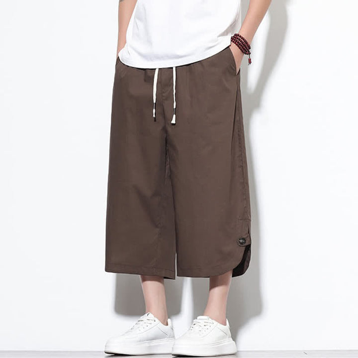 Buddha Stones Pantaloni harem da uomo estivi casual in cotone tinta unita con coulisse e spacchi laterali, con tasche. - image 34