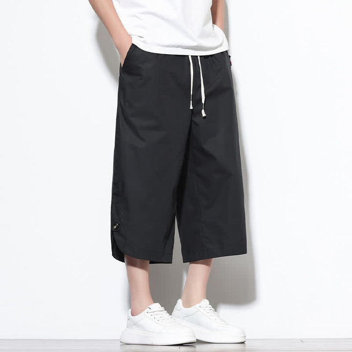 Buddha Stones Pantaloni harem da uomo estivi casual in cotone tinta unita con coulisse e spacchi laterali, con tasche. - image 12