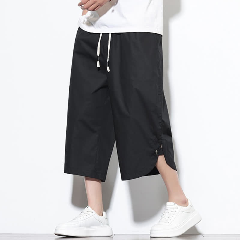 Buddha Stones Pantaloni harem da uomo estivi casual in cotone tinta unita con coulisse e spacchi laterali, con tasche. - Nero - US/UK/AU48, EU58 (5XL) - image 9
