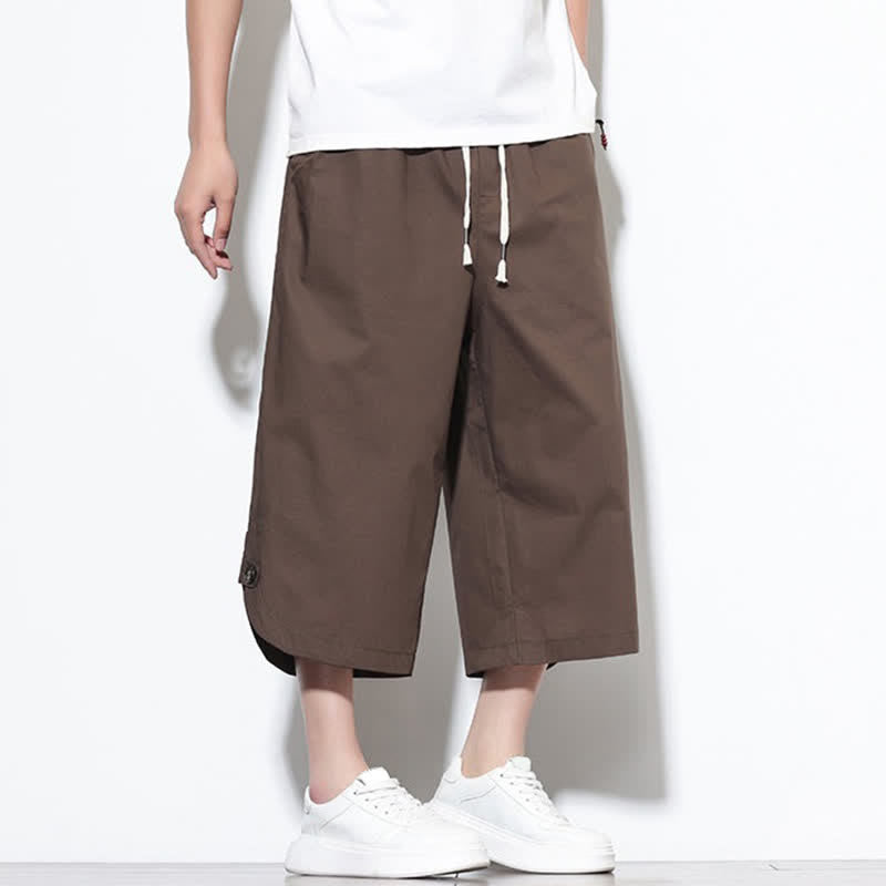 Buddha Stones Pantaloni harem da uomo estivi casual in cotone tinta unita con coulisse e spacchi laterali, con tasche. - image 39