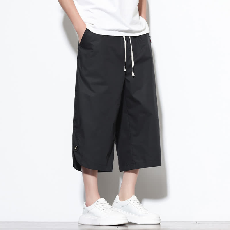 Buddha Stones Pantaloni harem da uomo estivi casual in cotone tinta unita con coulisse e spacchi laterali, con tasche. - image 12