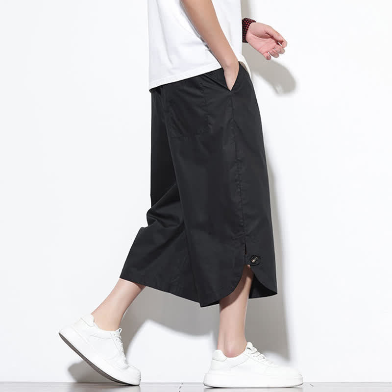 Buddha Stones Pantaloni harem da uomo estivi casual in cotone tinta unita con coulisse e spacchi laterali, con tasche. - image 16