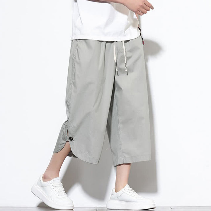Buddha Stones Pantaloni harem da uomo estivi casual in cotone tinta unita con coulisse e spacchi laterali, con tasche. - image 21