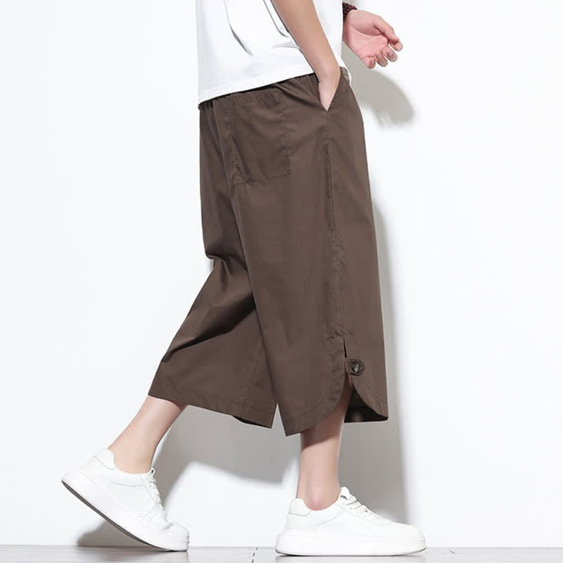 Buddha Stones Pantaloni harem da uomo estivi casual in cotone tinta unita con coulisse e spacchi laterali, con tasche. - image 38