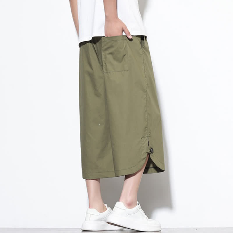 Buddha Stones Pantaloni harem da uomo estivi casual in cotone tinta unita con coulisse e spacchi laterali, con tasche. - image 2