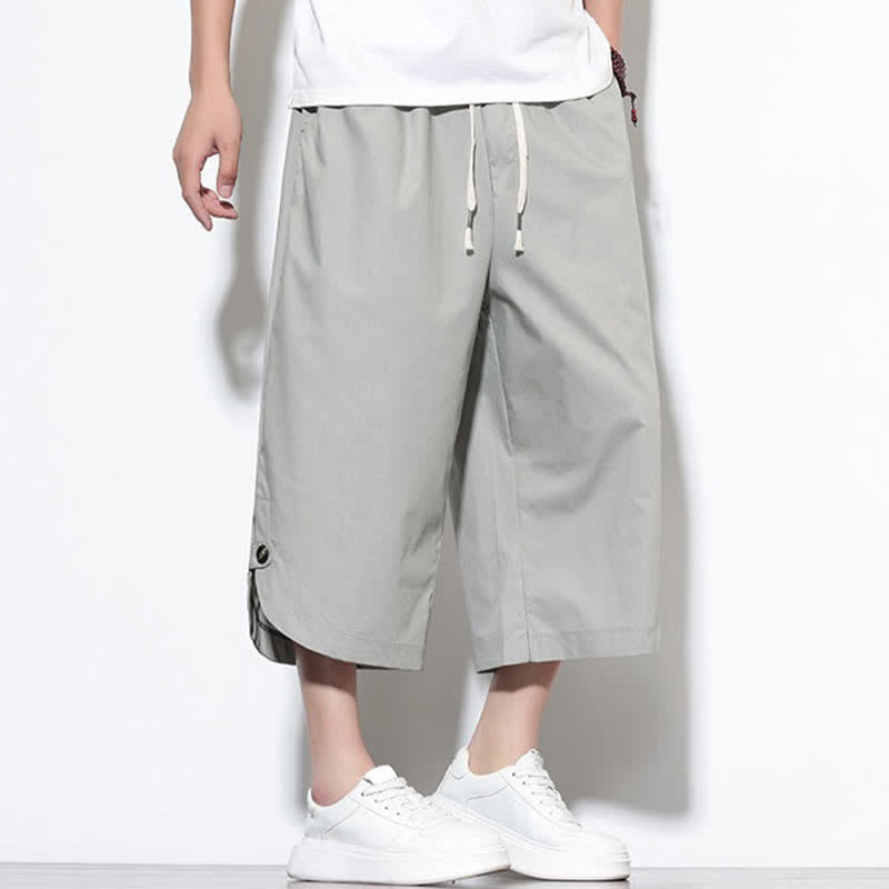 Buddha Stones Pantaloni harem da uomo estivi casual in cotone tinta unita con coulisse e spacchi laterali, con tasche. - image 25