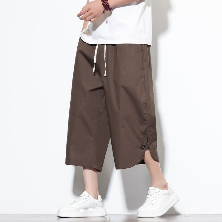 Buddha Stones Pantaloni harem da uomo estivi casual in cotone tinta unita con coulisse e spacchi laterali, con tasche. - Marrone sella - US/UK/AU48, EU58 (5XL) - image 31