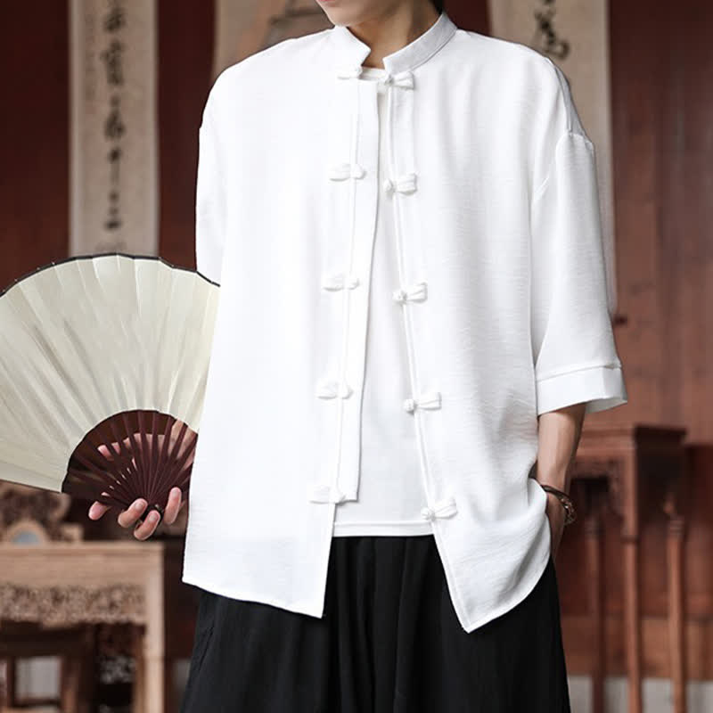 Buddha Stones Camicia da uomo a maniche a tre quarti, tinta unita, con colletto alla coreana, bottoni a rana, stile Summer Tang. - image 8
