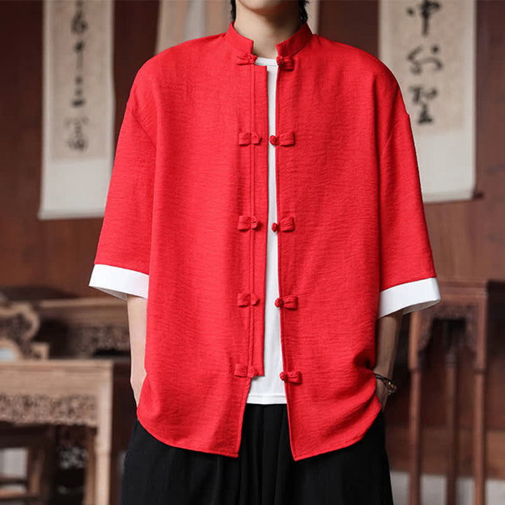 Buddha Stones Camicia da uomo a maniche a tre quarti, tinta unita, con colletto alla coreana, bottoni a rana, stile Summer Tang. - Cremisi - US/UK/AU46, EU56 (5XL) - image 22