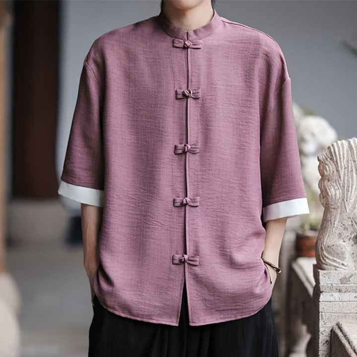 Buddha Stones Camicia da uomo a maniche a tre quarti, tinta unita, con colletto alla coreana, bottoni a rana, stile Summer Tang. - Prugna - US/UK/AU46, EU56 (5XL) - image 15