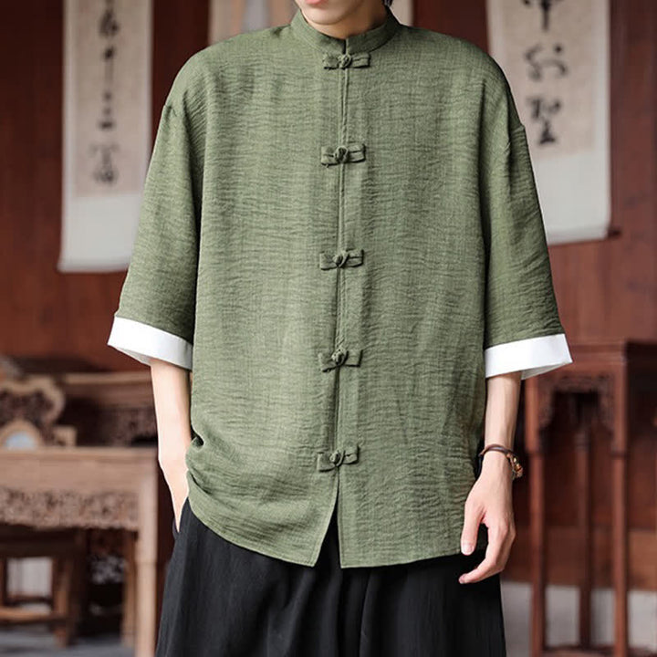 Buddha Stones Camicia da uomo a maniche a tre quarti, tinta unita, con colletto alla coreana, bottoni a rana, stile Summer Tang. - image 3