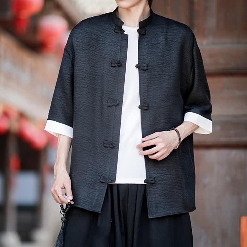 Buddha Stones Camicia da uomo a maniche a tre quarti, tinta unita, con colletto alla coreana, bottoni a rana, stile Summer Tang. - image 12