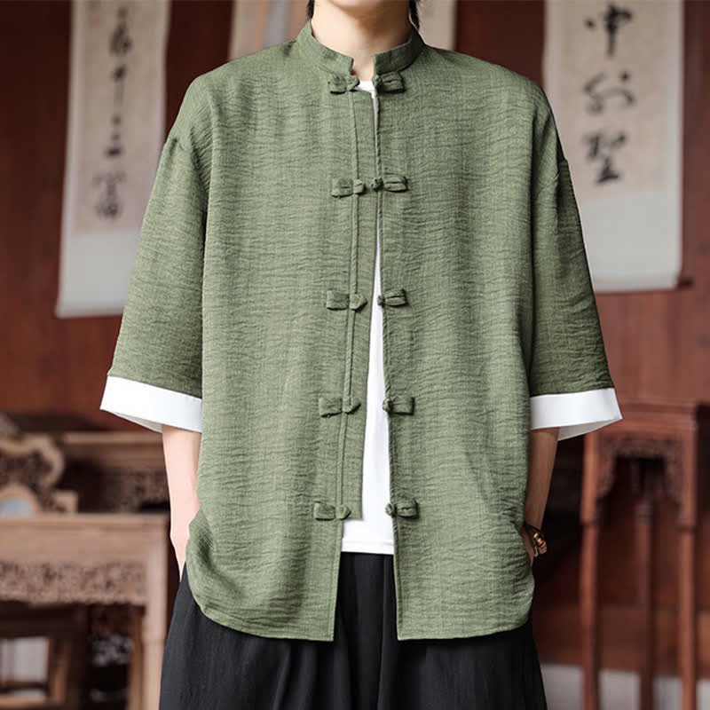Buddha Stones Camicia da uomo a maniche a tre quarti, tinta unita, con colletto alla coreana, bottoni a rana, stile Summer Tang. - image 1