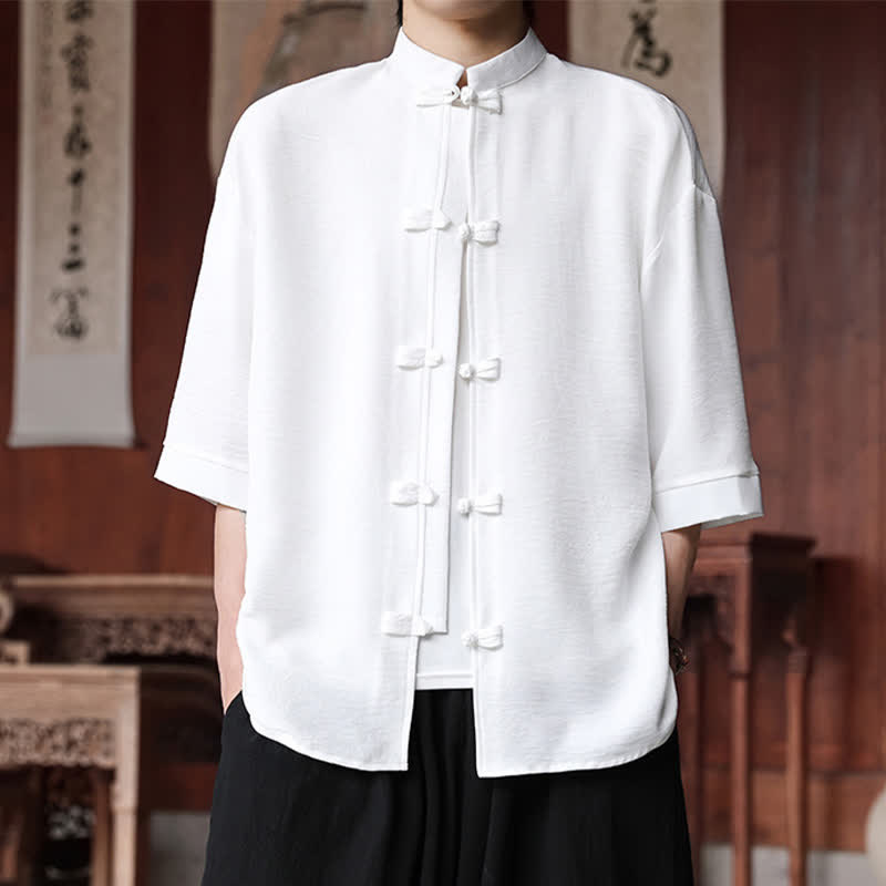 Buddha Stones Camicia da uomo a maniche a tre quarti, tinta unita, con colletto alla coreana, bottoni a rana, stile Summer Tang. - Bianco - US/UK/AU46, EU56 (5XL) - image 6
