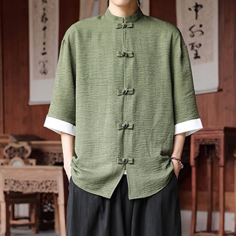 Buddha Stones Camicia da uomo a maniche a tre quarti, tinta unita, con colletto alla coreana, bottoni a rana, stile Summer Tang. - Verde oliva - US/UK/AU46, EU56 (5XL) - image 0