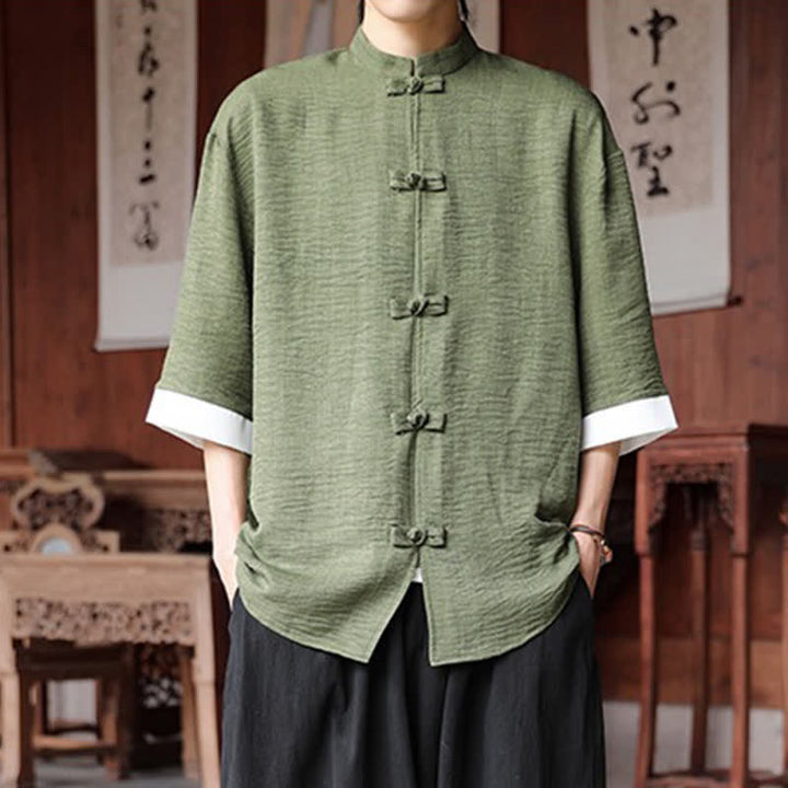 Buddha Stones Camicia da uomo a maniche a tre quarti, tinta unita, con colletto alla coreana, bottoni a rana, stile Summer Tang. - Verde oliva - US/UK/AU46, EU56 (5XL) - image 0