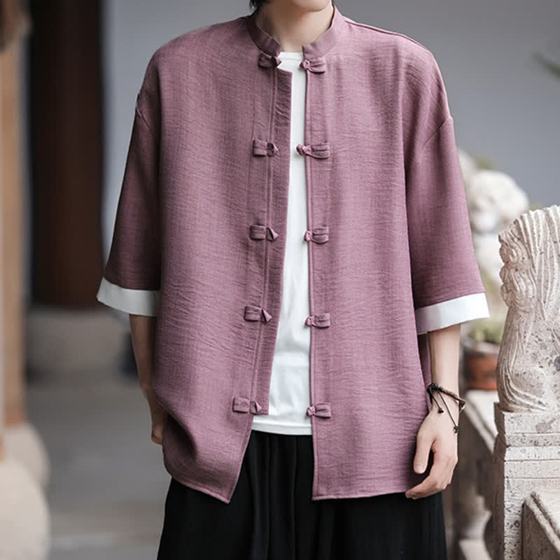 Buddha Stones Camicia da uomo a maniche a tre quarti, tinta unita, con colletto alla coreana, bottoni a rana, stile Summer Tang. - image 17