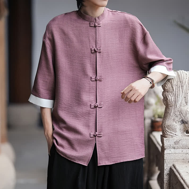 Buddha Stones Camicia da uomo a maniche a tre quarti, tinta unita, con colletto alla coreana, bottoni a rana, stile Summer Tang. - image 18