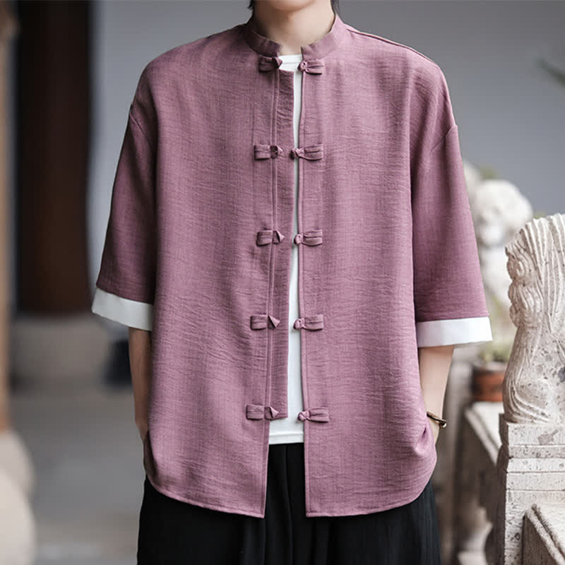 Buddha Stones Camicia da uomo a maniche a tre quarti, tinta unita, con colletto alla coreana, bottoni a rana, stile Summer Tang. - image 16