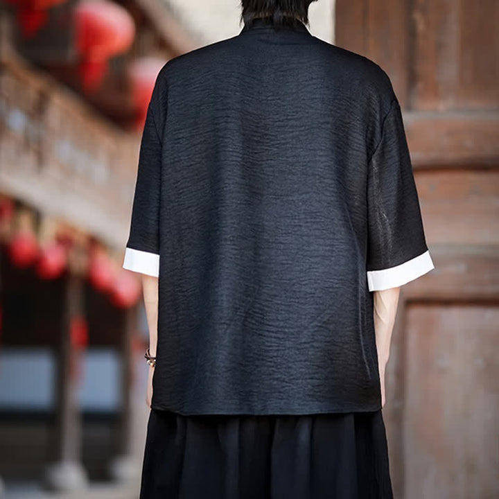 Buddha Stones Camicia da uomo a maniche a tre quarti, tinta unita, con colletto alla coreana, bottoni a rana, stile Summer Tang. - image 11