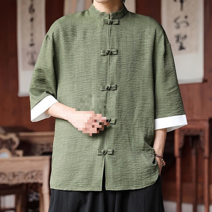 Buddha Stones Camicia da uomo a maniche a tre quarti, tinta unita, con colletto alla coreana, bottoni a rana, stile Summer Tang. - image 2