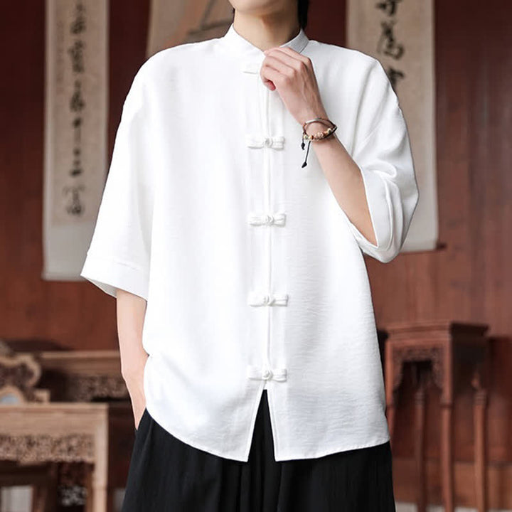 Buddha Stones Camicia da uomo a maniche a tre quarti, tinta unita, con colletto alla coreana, bottoni a rana, stile Summer Tang. - image 9