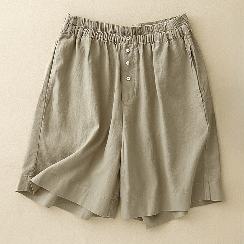 Buddha Stones Pantaloncini estivi minimalisti da donna con bottoni, elastico in vita e tasche. - Cachi scuro - US12, UK/AU16, EU44 (2XL) - image 0