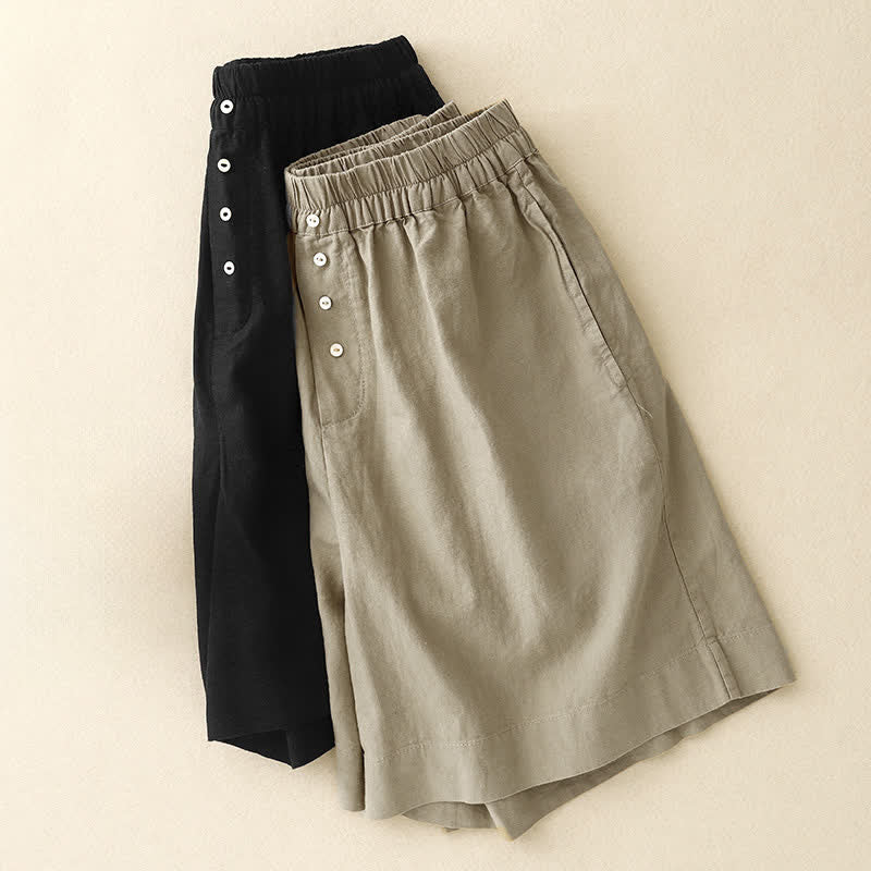Buddha Stones Pantaloncini estivi minimalisti da donna con bottoni, elastico in vita e tasche. - image 16