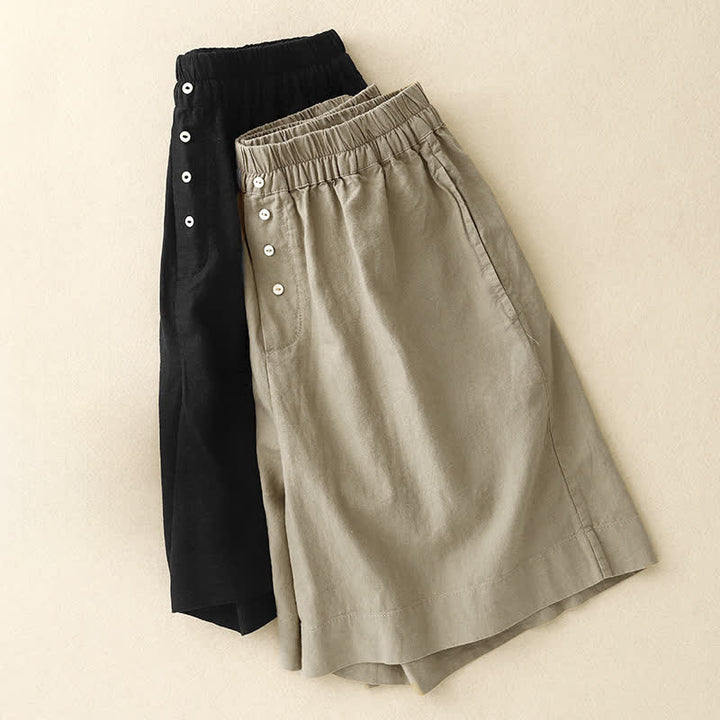 Buddha Stones Pantaloncini estivi minimalisti da donna con bottoni, elastico in vita e tasche. - image 16