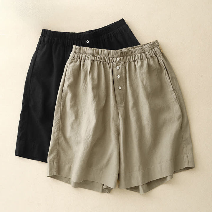 Buddha Stones Pantaloncini estivi minimalisti da donna con bottoni, elastico in vita e tasche. - image 15