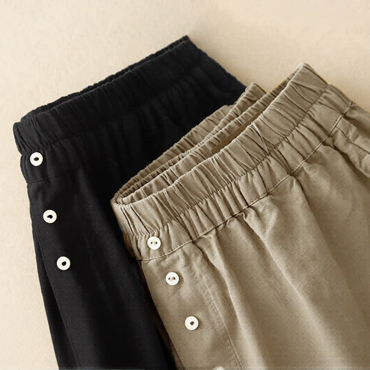 Buddha Stones Pantaloncini estivi minimalisti da donna con bottoni, elastico in vita e tasche. - image 17