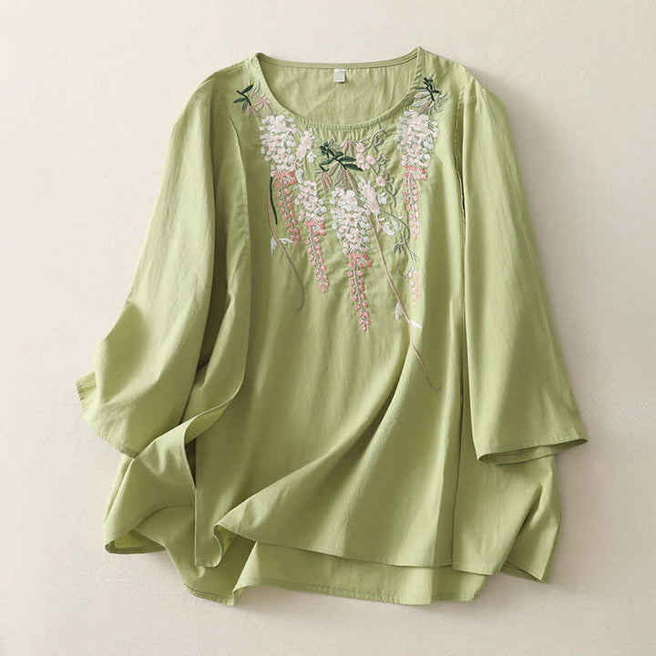 Buddha Stones Camicie da donna a maniche a tre quarti con ricami primaverili, spacchi laterali e stampa floreale. - Bianco - US8-10, UK/AU12-14, EU40-42 (2XL) - image 0