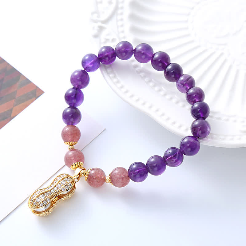 Buddha Stones Braccialetto positivo con ametista naturale, quarzo fragola e arachidi, con scritta "Le cose belle accadono". - image 2
