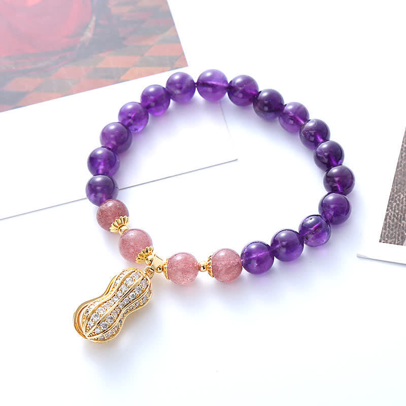 Buddha Stones Braccialetto positivo con ametista naturale, quarzo fragola e arachidi, con scritta "Le cose belle accadono". - image 1