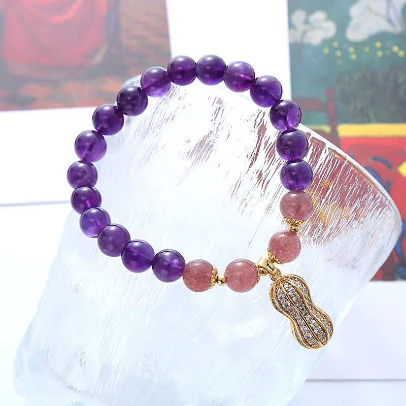 Buddha Stones Braccialetto positivo con ametista naturale, quarzo fragola e arachidi, con scritta "Le cose belle accadono". - image 3