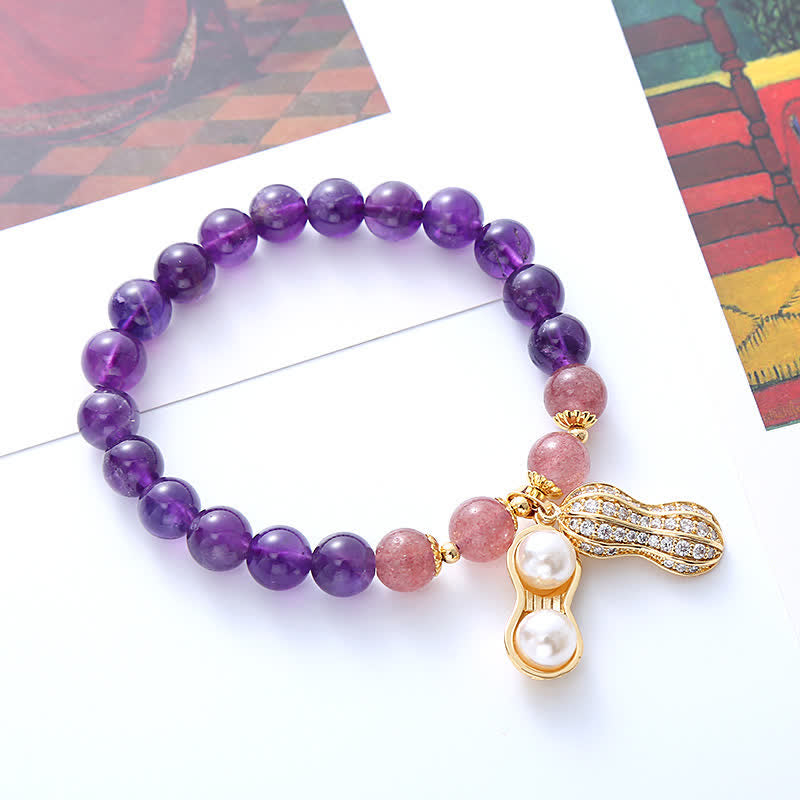 Buddha Stones Braccialetto positivo con ametista naturale, quarzo fragola e arachidi, con scritta "Le cose belle accadono". - Ametista (circonferenza del polso 15-16 cm) - image 0