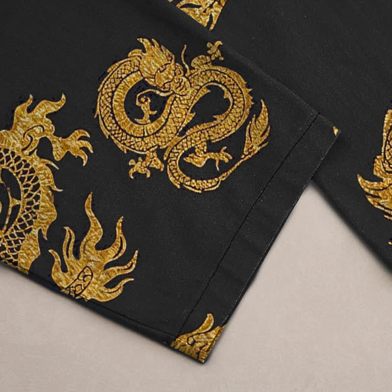 Buddha Stones Pantaloni da uomo affusolati in cotone con motivo drago dorato e tasche. - image 2