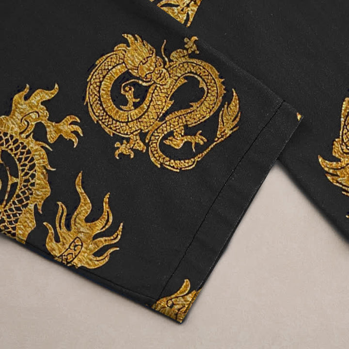 Buddha Stones Pantaloni da uomo affusolati in cotone con motivo drago dorato e tasche. - image 2