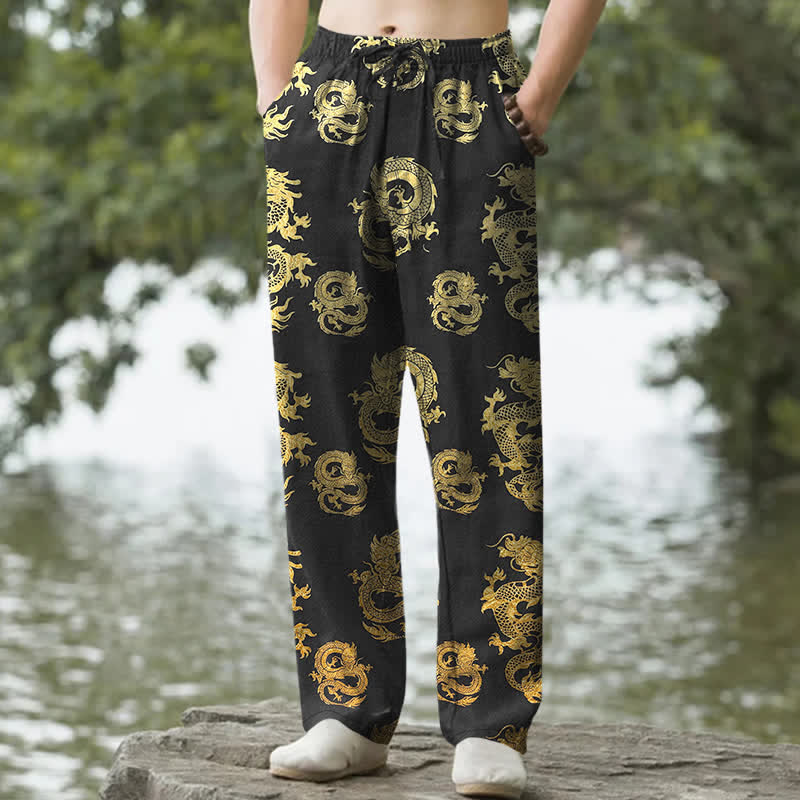 Buddha Stones Pantaloni da uomo affusolati in cotone con motivo drago dorato e tasche. - Nero - US/UK/AU50, EU60 (5XL) - image 0