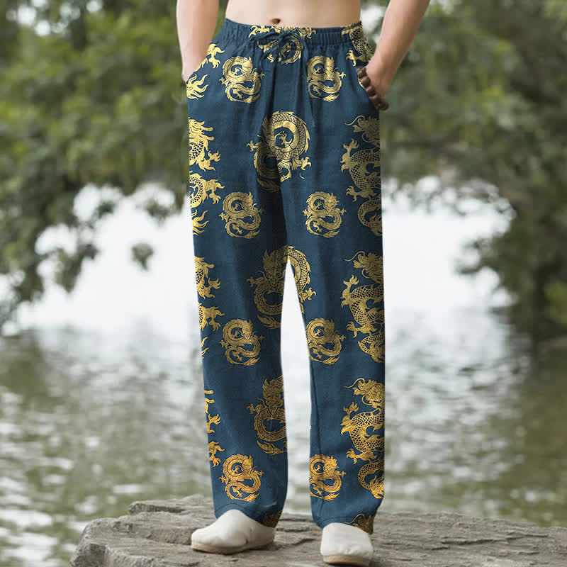 Buddha Stones Pantaloni da uomo affusolati in cotone con motivo drago dorato e tasche. - SteelBlue - US/UK/AU50, EU60 (5XL) - image 4