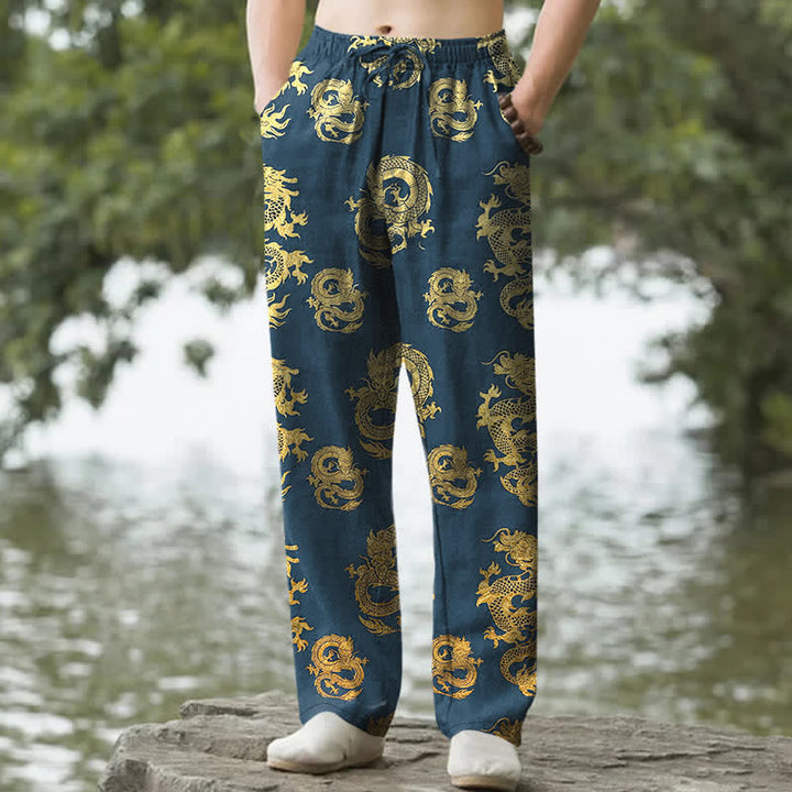 Buddha Stones Pantaloni da uomo affusolati in cotone con motivo drago dorato e tasche. - SteelBlue - US/UK/AU50, EU60 (5XL) - image 4