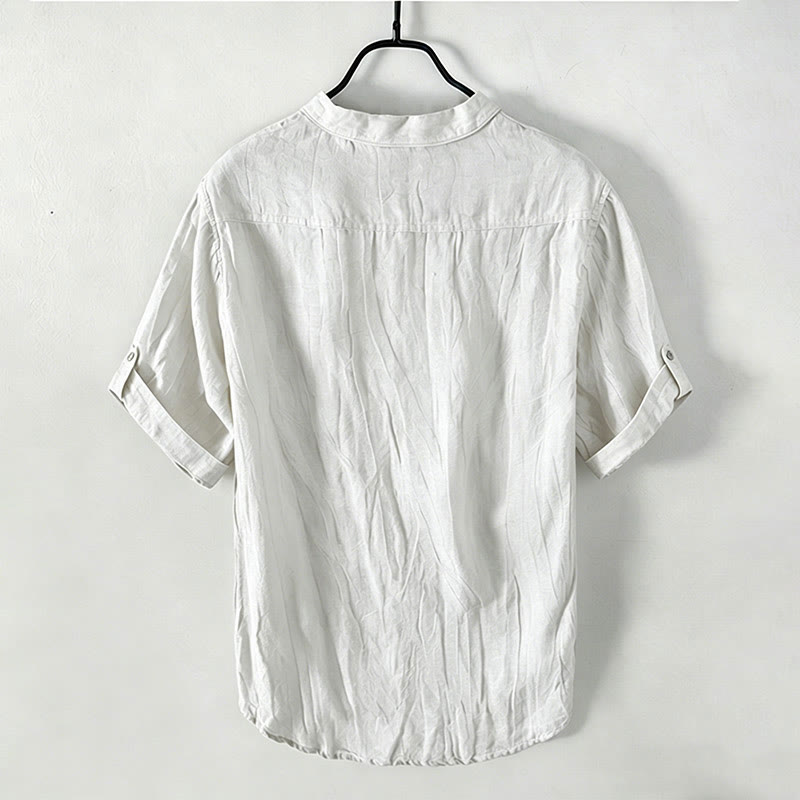 Buddha Stones Camicia da uomo a maniche corte in cotone e lino, con mezza abbottonatura e maniche arrotolate, ideale per l'estate. - image 15