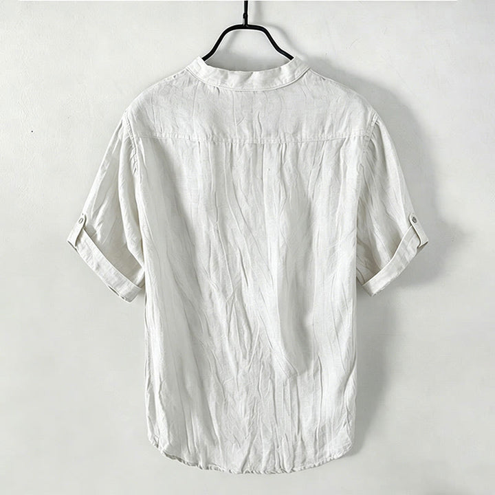 Buddha Stones Camicia da uomo a maniche corte in cotone e lino, con mezza abbottonatura e maniche arrotolate, ideale per l'estate. - image 15